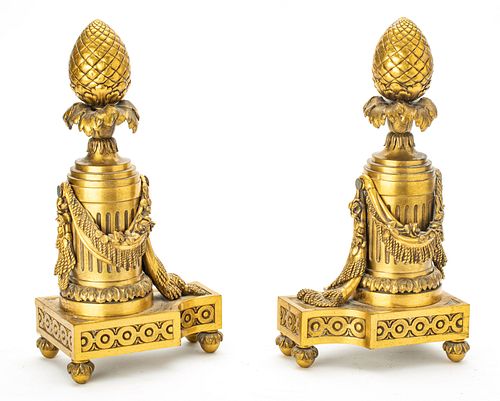 FRENCH BRONZE FIREPLACE CHENETS, 19TH.C. PAIR H 10", 7", 7" DIA 8" 