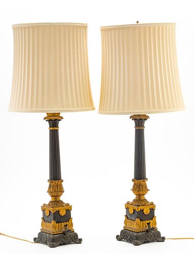FRENCH EMPIRE TABLE LAMPS, WITH SPIGOTS PAIR H 35" 