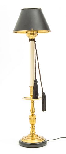 BRASS LAMP WITH BLACK METAL SHADE, H 28.75" DIA 8.25" 
