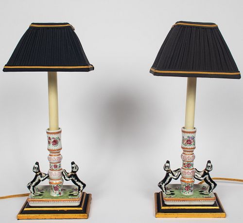 CHINESE EXPORT PORCELAIN STYLE LAMPS, PAIR, H 17.5", W 6.5"