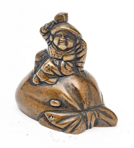 Japanese  Bronze Water Dropper, Buddha Sitting On Sack C. 19th.c., H 2.5'' W 2.2''