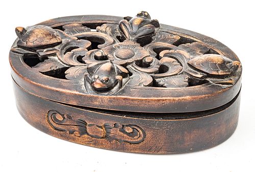 Chinese  Wood Carved Box, Reticulated Frog & Turtle Cover C. 19th.c., W 3'' L 5''