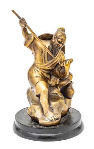 Japanese  Bronze Sculpture Fisherman With Spear H 8''
