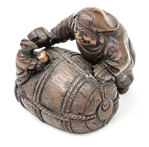 Chinese Bronze Miniature Sculpture, Man Rolling Bale Of Rice With Mouse C. 1900, H 2.7''