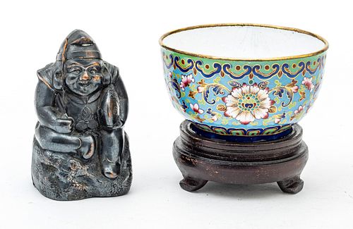Chinese Metal Buddha With Fish And Scepter, Also Enamel Bowl C. 19th.c., H 2'' 2 pcs