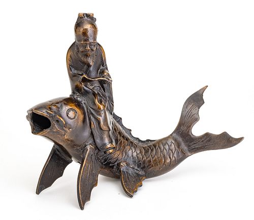 Chinese  Bronze Sage With Book, Riding Carp H 10'' L 11''
