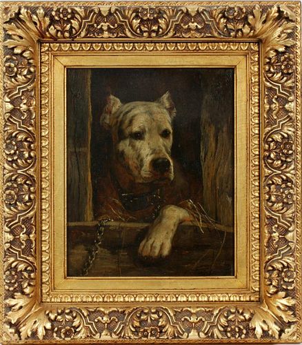 OIL ON  BEVELLED WOOD PANEL, C.1900, H 12", W 10", PORTRAIT OF A DOG