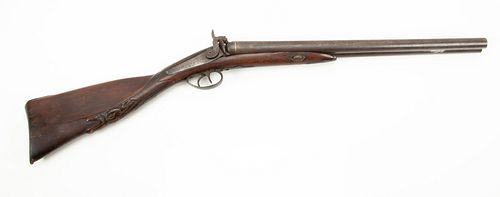 SIDE BY SIDE DOUBLE BARREL PERCUSSION CAP SHOTGUN, 12 GA., C. 1850S, L 21" BARREL 