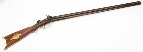 UNMARKED OVER UNDER PERCUSSION CAP RIFLE AND SHOTGUN COMBINATION, APPROX. .40 CAL AND 14 GA., 19TH C., L 33.75" BARRELS 