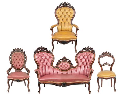 Victorian  Carved Mahogany 4 Piece Parlor Set, High Style Frames  1860, H 45'' L 63'' 4 pcs