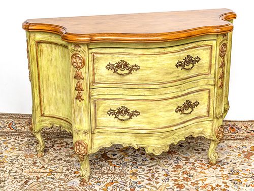 VENETIAN STYLE WALNUT AND GLAZED GREEN SERPENTINE CHEST OF TWO DRAWERS, H 36", W 53", D 24" 
