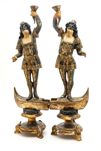 Antique Venetian Polychrome Carved Wood Blackamoor Figures, Pair, H 34.5'' W 10.25''