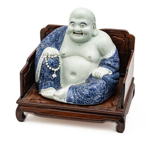 Chinese  Porcelain Seated Buddha On Wood Throne H 14'' W 17'' Depth 10''