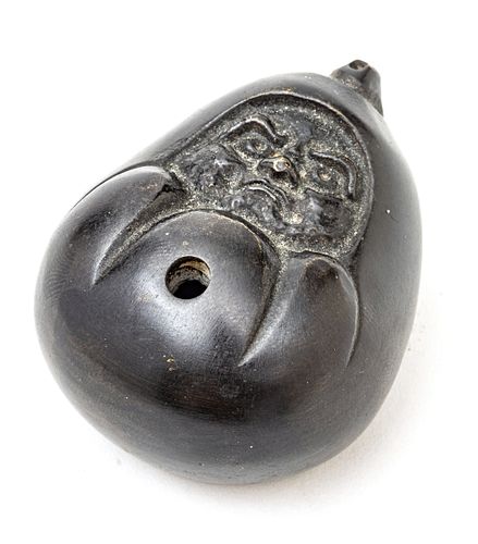 Japanese Bronze Water Dropper, Head Of Buddha C. 19th.c., H 2'' W 1.5''