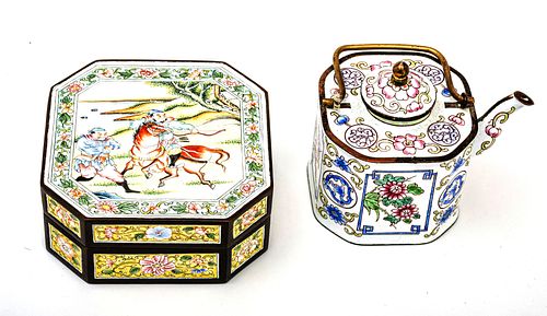 Chinese Enamel Box And Teapot C. 19th.c., H 2'' W 4'' L 4'' 2 pcs