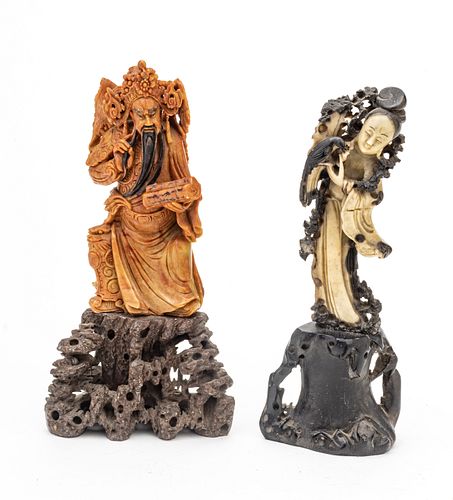 Chinese  Soapstone Carvings, Emperor And Guan Yin Figures C. 1940, H 9.7'' 2 pcs