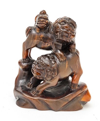 Chinese  Horn Carving, Three Foo Dogs C. 19th.c., H 3.2'' W 2.7''