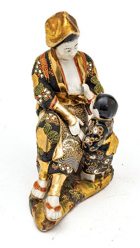 Japanese Satsuma  Porcelain Figure, Mother And Child, Fired Gold Highlights C. 19th.c., H 7.5'' L 5.7''