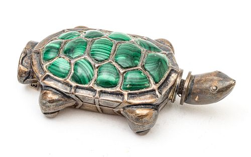 Chinese  Malachite And Silver Snuff Bottle, Turtle Form C. 19th.c., H 3.5'' W 2''