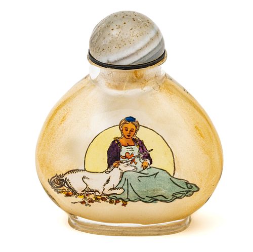 Chinese Glass Snuff Bottle,  Interior Painted With Unicorn H 3''