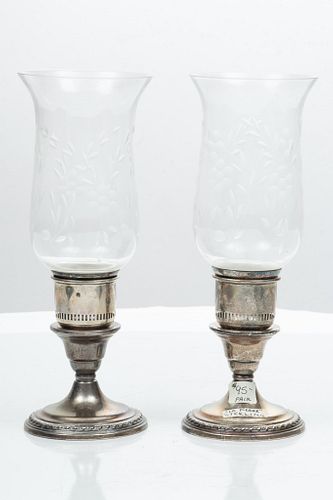 Lunt Sterling Silver Candlesticks, Glass Globes H 10''