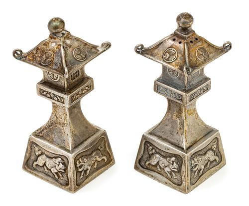 Sterling Silver (950) Pagoda Form Salt And Pepper Shakers H 3'' 52g