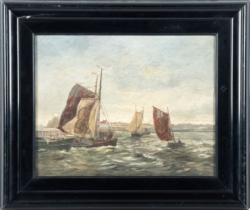 Hans Wacker-Elsen (German, 1868-1958) Oil On Canvas,  19th C, Maritime Scene, H 13'' W 16''