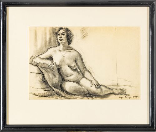 EDGAR YAEGER (DETROIT, 1904-1997) CHARCOAL ON PAPER, 1979, H 11.5", W 17.75", RECLINING NUDE 