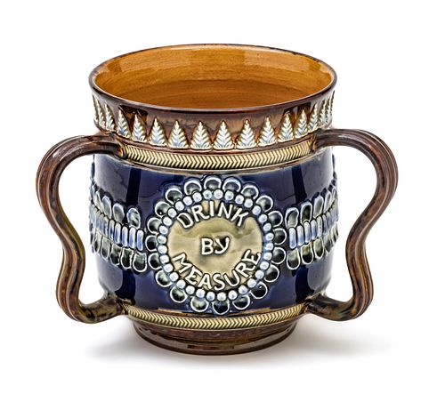 Early Doulton  Ceramic Loving Cup C. 1880, H 6'' W 8''