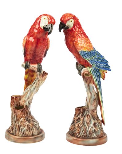 Will-George, Pasadena  Ceramic Parrot Sculptures With Bud Vases Pair H 15.5''