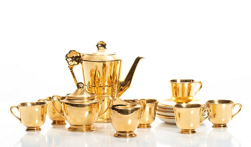 22 Kt Gold Decorated Coffee Pot, Creamer, Sugar And Demi Tasse Cups, C. 1930, 14 pcs