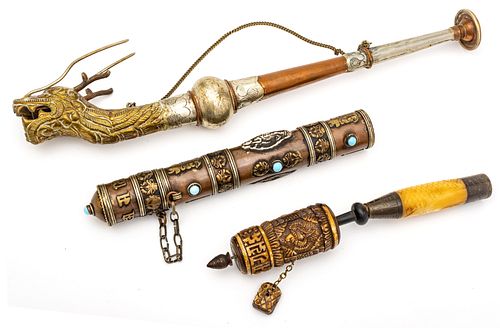 Brass And Copper Horn, Prayer Wheel And Turquoise Tube 3 pcs