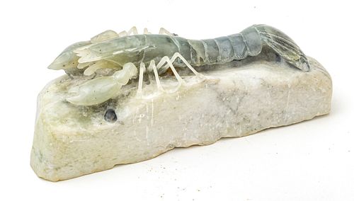 Chinese  Stone Carving, Translucent Grey Lobster On Stone H 3'' L 8''