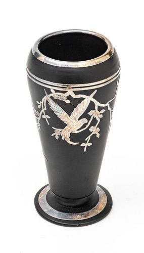 Black Satin Glass Vase,  Sterling Inlay C. 1930, H 6.7'' Dia. 3''