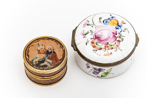 English Battersea Enamel Snuff Box And One Other C. 18th.c, Dia. 1.7'' 2 pcs