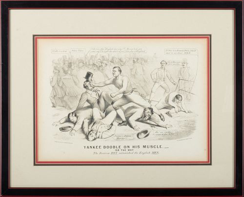 Currier And Ives  Yankee Doodle On His Muscle, Lithograph  1860, Boxing Cartoon, H 10'' W 14''