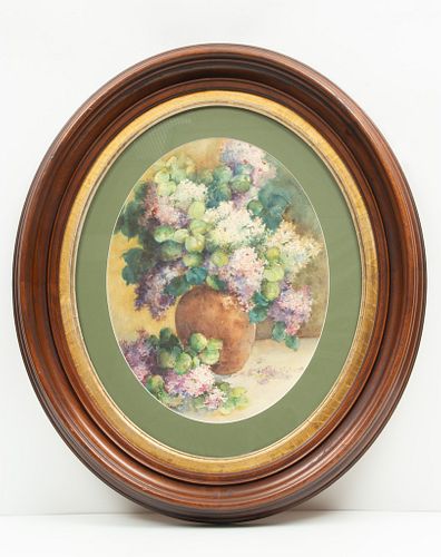 M.C. Myers, Watercolor, In Oval Mahogany Frame C. 1940, H 17'' W 13'' Floral