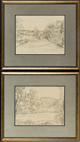 JULIA ROECKER (AMERICAN, 1887-1988), PENCIL DRAWINGS, PAIR,  H 8", W 10", LANDSCAPES 