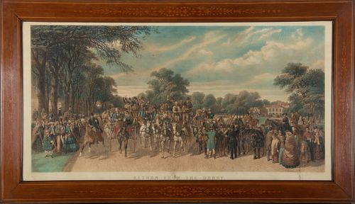 Lithograph "Return From The Derby", Mahogany Frame With Inlays, H 23'' W 43''