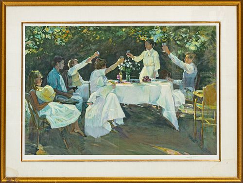 OFFSET LITHOGRAPH ON PAPER, H 25.5", W 37", OUTDOOR DINNER PARTY 