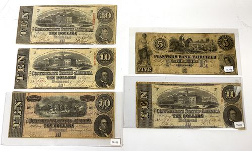 Confederate States Of America Banknotes, 5 Pieces, H 3'' W 7''