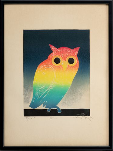 Motoi Oi (Japanese, 1910-2004) Colored Etching On Paper "Owl" H 12.5'' W 9.5''