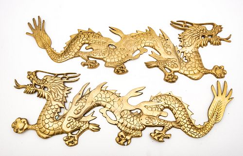 Brass Wall Plaques, Opposing Dragons C. 1950, H 23'' W 8'' 1 Pair