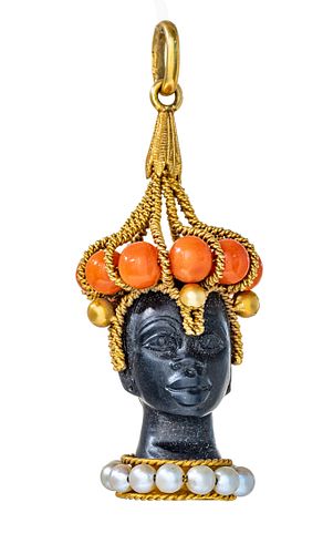 French 18k Gold, Coral, Pearls, Ebony Nubian Pendant H 2.2'' 0.86g
