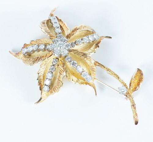 YELLOW GOLD AND DIAMOND FLORAL FORMED BROOCH, 1960 L 2.25" 