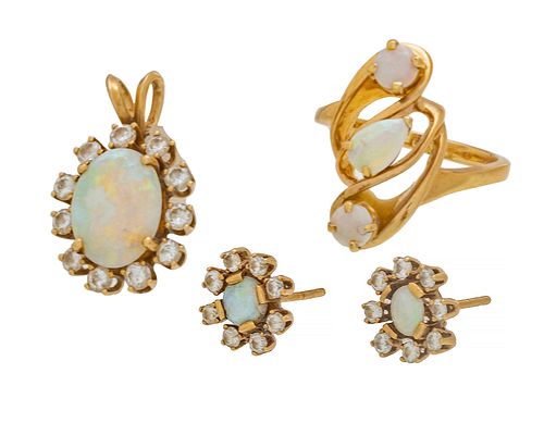 OPAL STUD EARRINGS, RING AND PENDANT, 14K YELLOW GOLD 