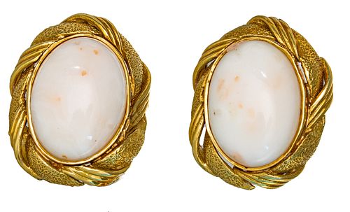 14K Yellow Gold And Coral Clip Style Earrings C. 1950,