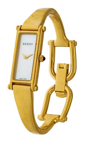 Gucci Gold Tone Metal & Mother Of Pearl Wristwatch, H 2'' W 2.25'' 28g