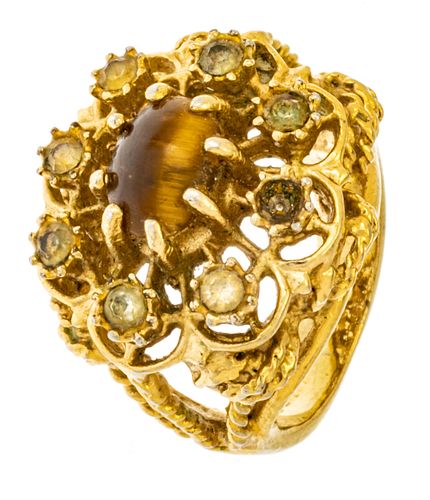 Gold Tone Metal & Tiger Eye Cabochon Ring, Size: 4, 8g