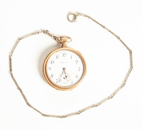 Hamilton Watch Co Gold Filled Pocket Watch With Chain C. 1930, Dia. 1.7''